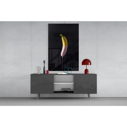 Vibrant gradient banana glass wall art print on black background