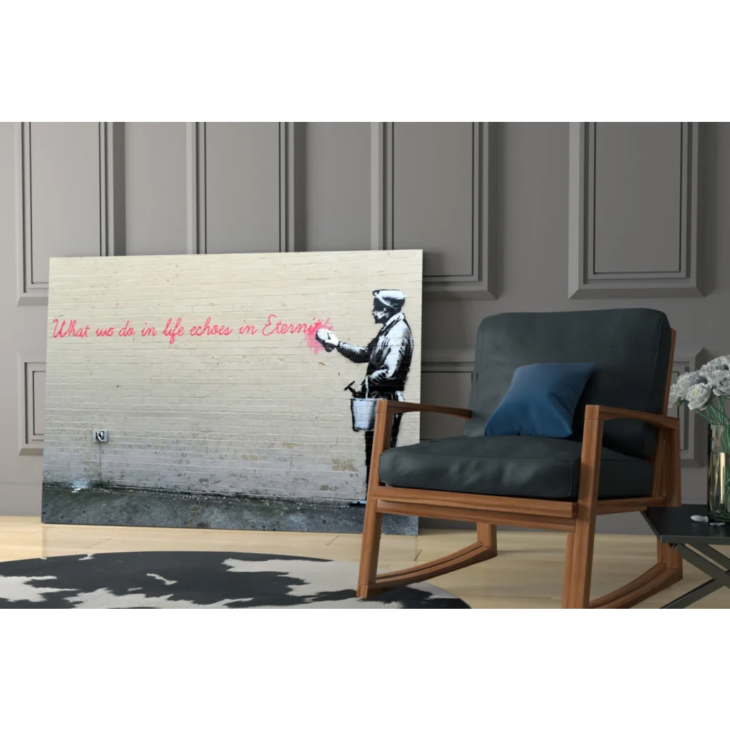 Banksy soldier spray painting eternity quote on brick wall art print
