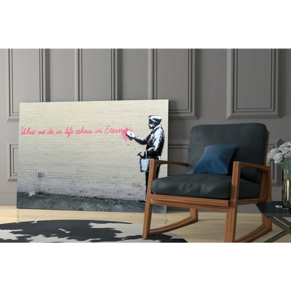 Banksy soldier spray painting eternity quote on brick wall art print