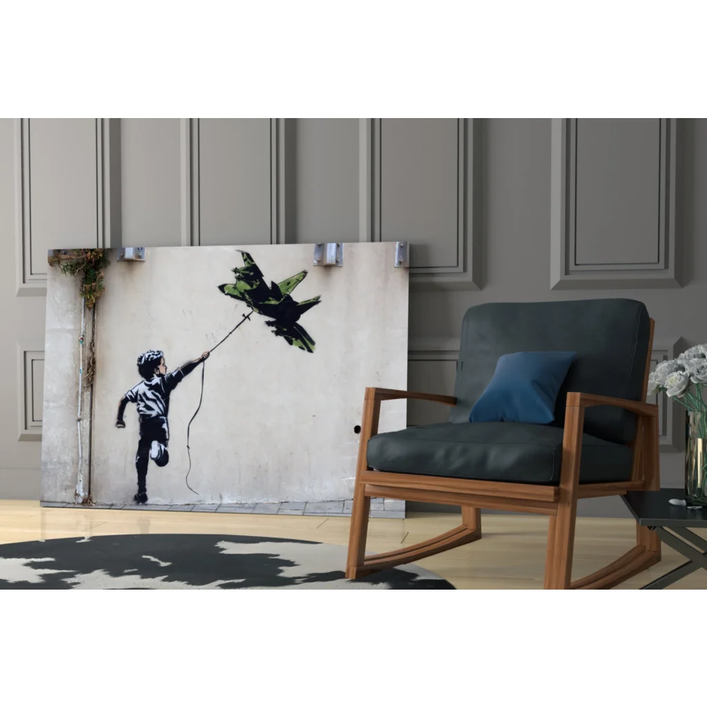 Banksy fighter jet kite canvas wall art print of child pulling jet