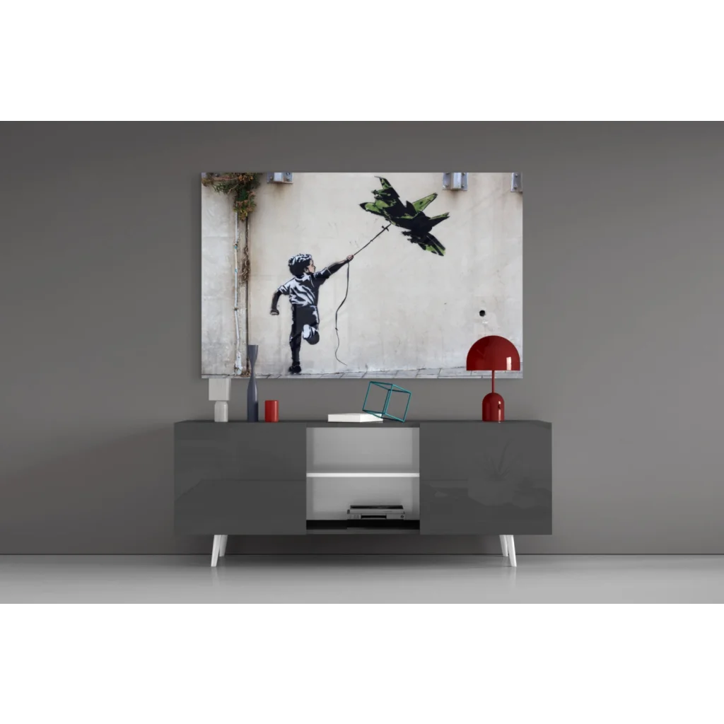 Banksy Fighter Jet Kite black white wall art canvas print
