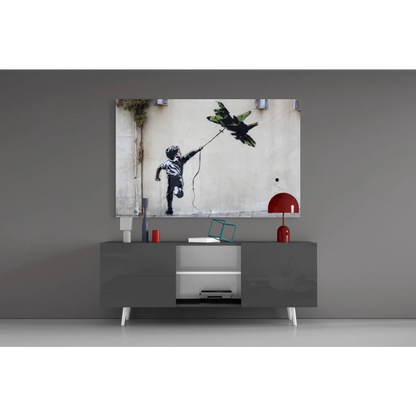 Banksy Fighter Jet Kite black white wall art canvas print