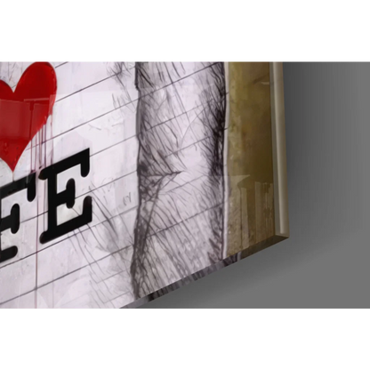 Red heart sticker on white brick wall art print, Banksy I Love Life graffiti vibes