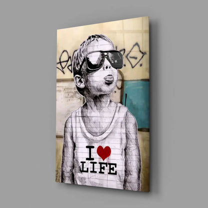 Banksy I Love Life wall art print with graffiti vibes and sunglasses