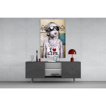 Banksy I Love Life canvas wall art print with graffiti vibes