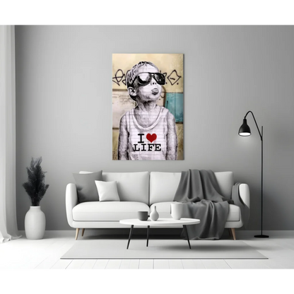 Banksy I Love Life canvas wall art print with graffiti vibes