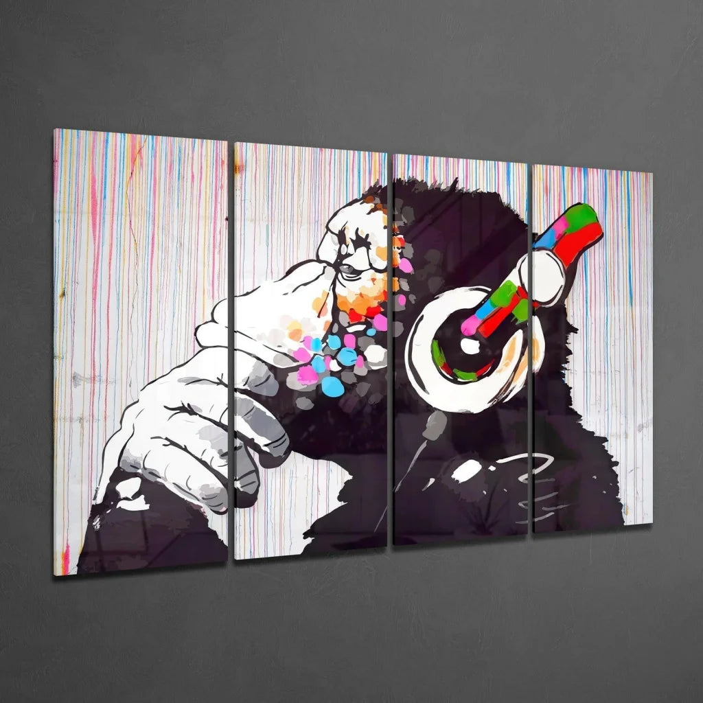 Banksy monkey with headphones canvas wall art print