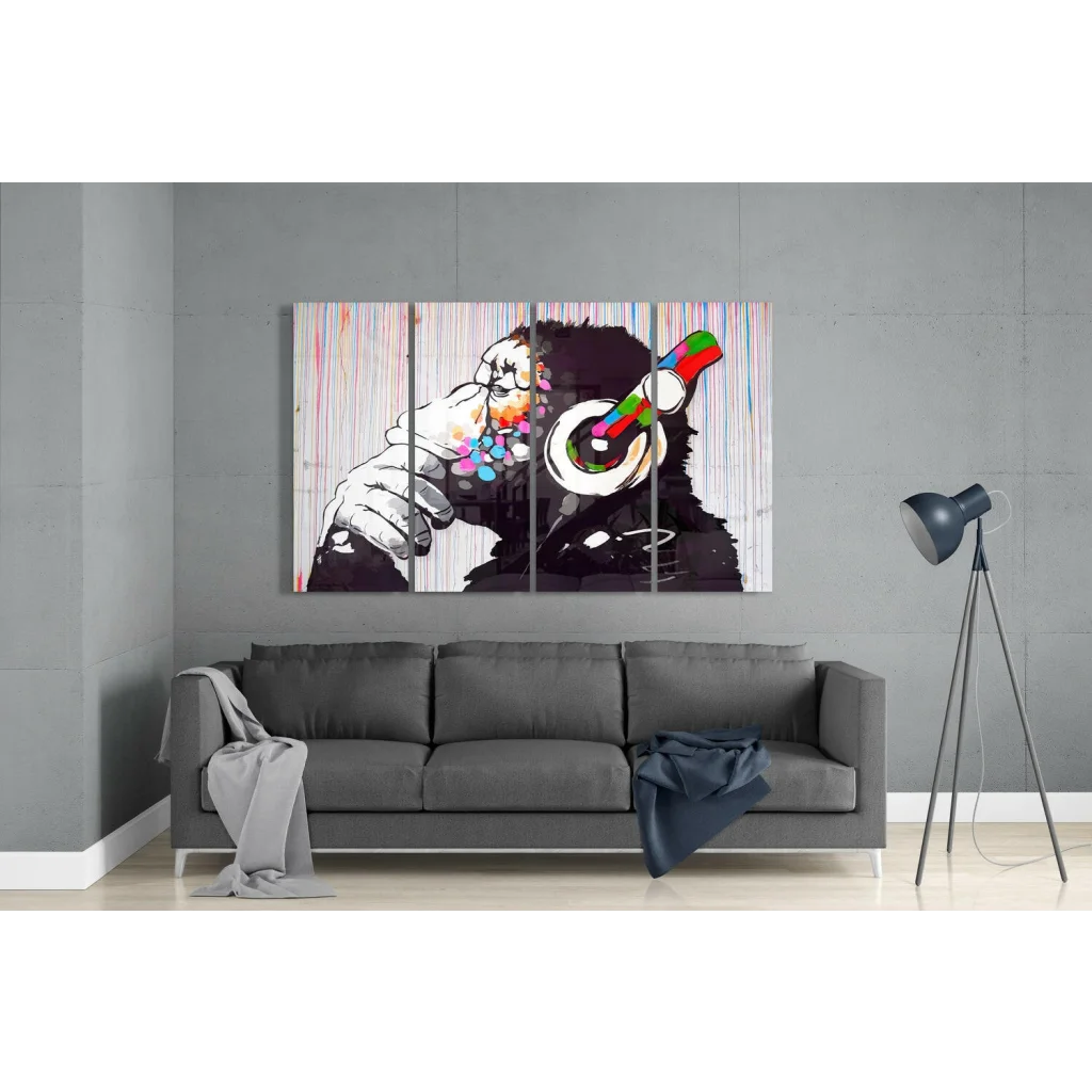 Banksy monkey with headphones canvas wall art print