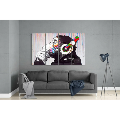 Banksy monkey with headphones canvas wall art print