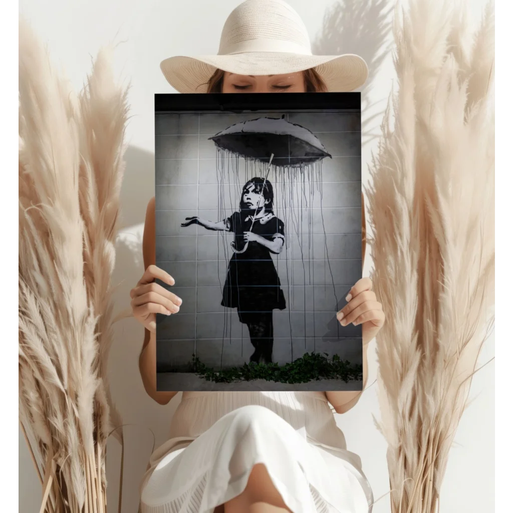 Banksy girl with umbrella insigne aluminum print black and white
