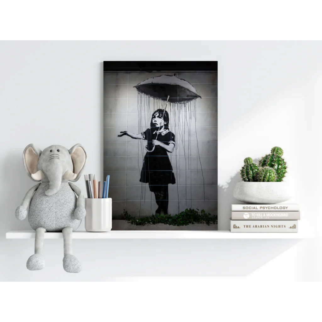 Banksy girl with umbrella black and white on insigne aluminum print