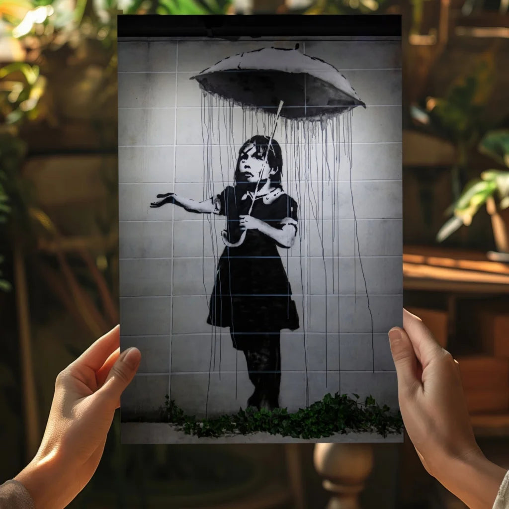 Banksy girl with umbrella stencil on insigne aluminum print