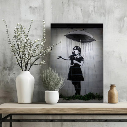 Banksy girl with umbrella insigne aluminum print in black and white
