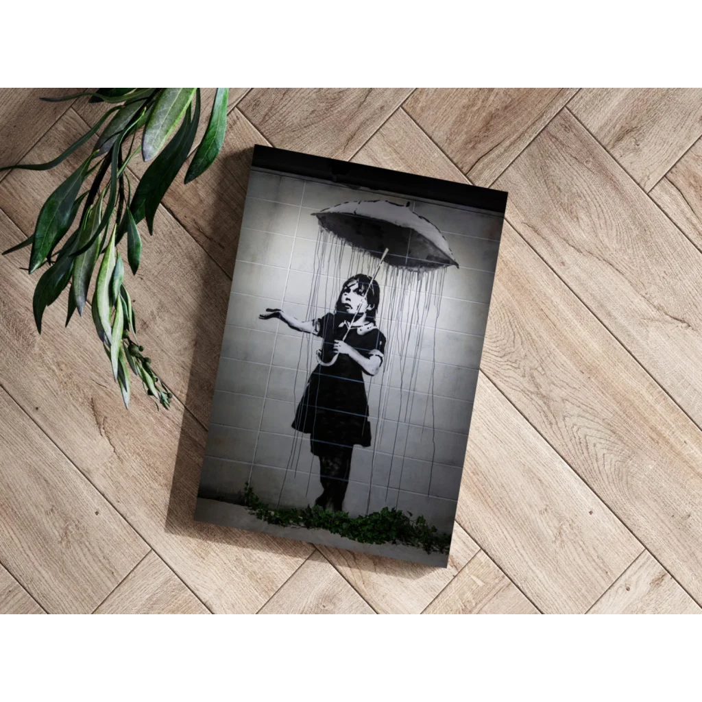 Banksy girl with umbrella on insigne aluminum print