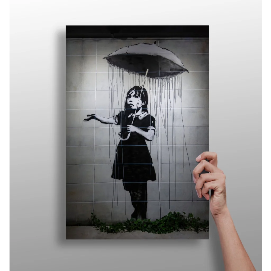 Banksy girl with umbrella on insigne aluminum print
