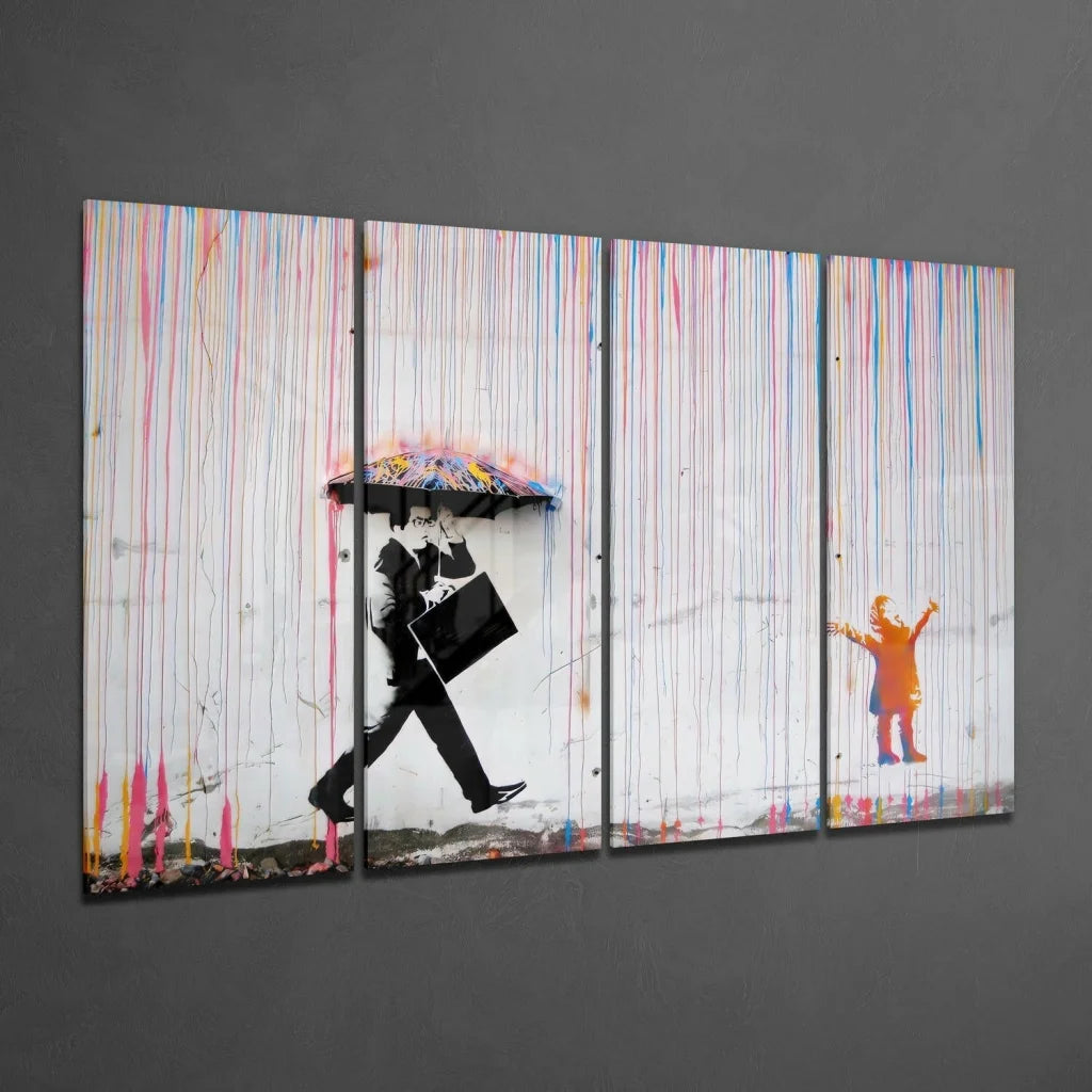 Banksy triptych canvas wall art with man, umbrella, and rainbow flowers