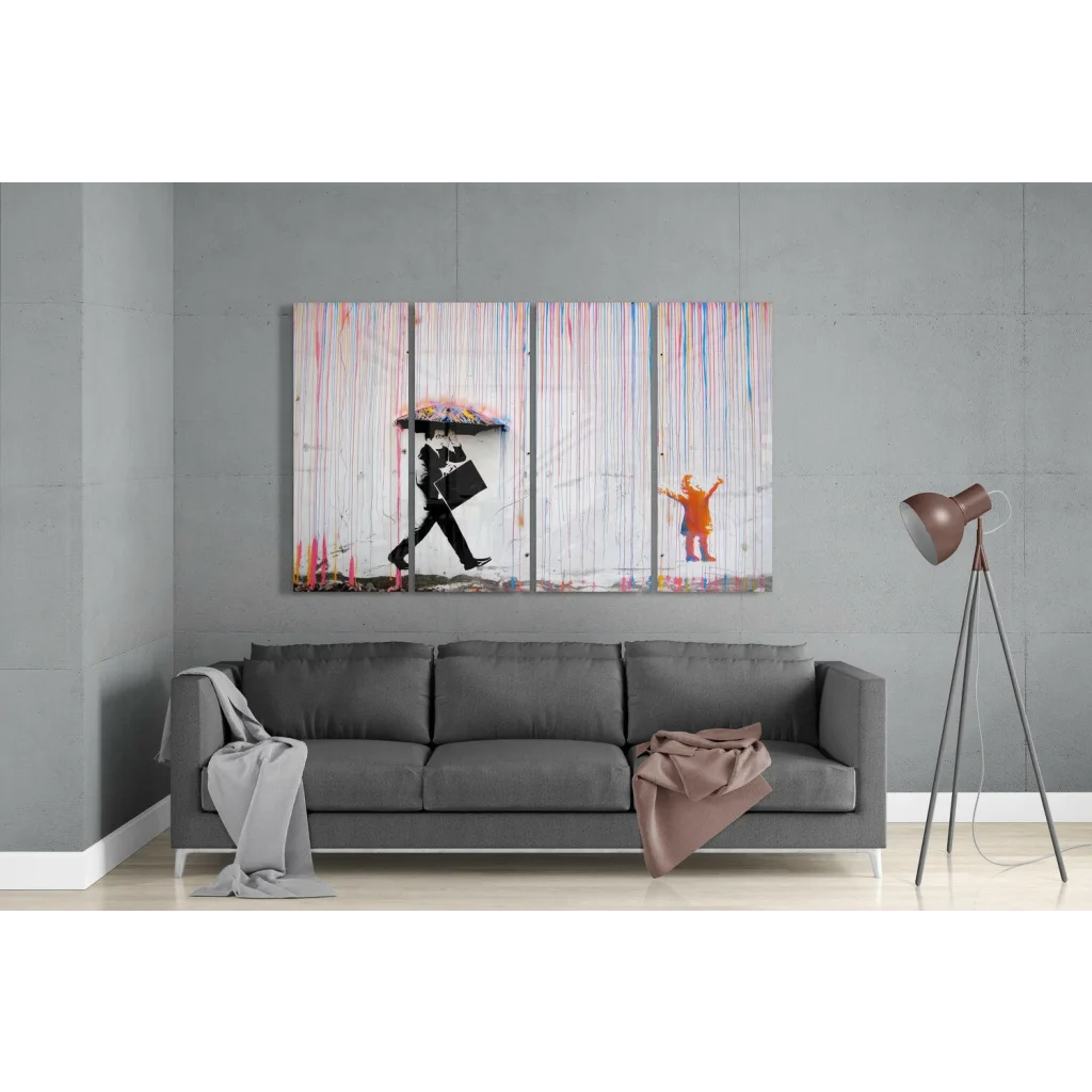 Banksy triptych wall art with businessman umbrella and child