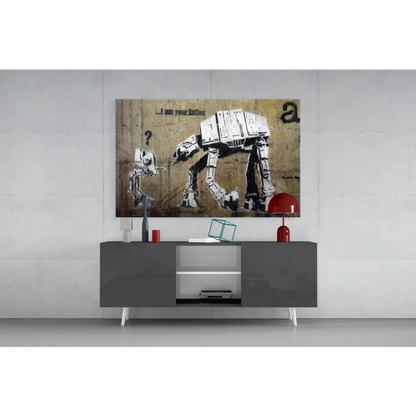 Banksy AT-AT Walker glass wall art on modern gray sideboard