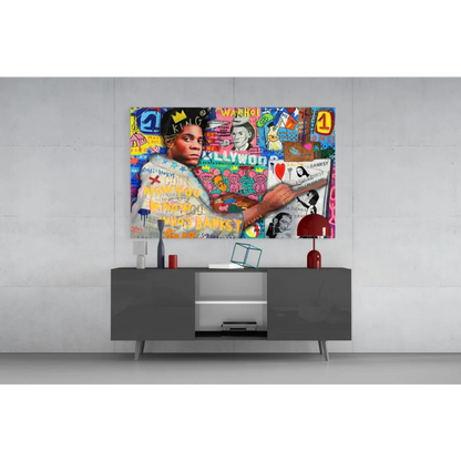 Vibrant graffiti glass wall art portrait of crowned man with pop culture motifs