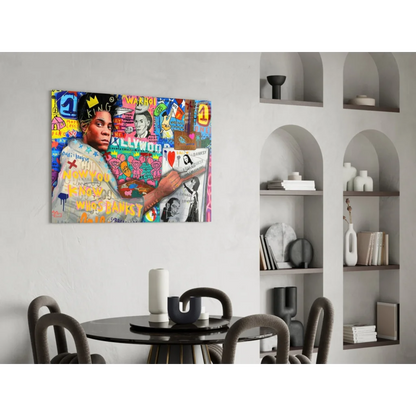 Vibrant graffiti-style glass wall art portrait with bold colors