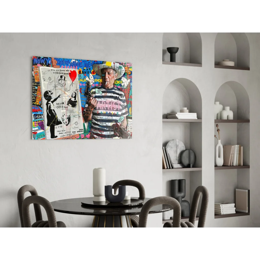 Vibrant graffiti canvas wall art with striped figure and pop culture elements