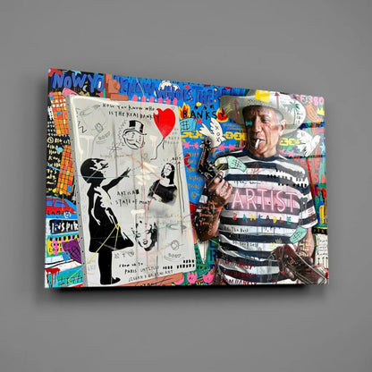 Vibrant graffiti man with gun on urban street art canvas wall art print