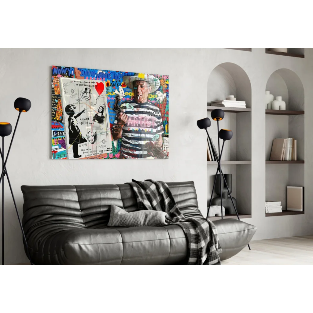 Vibrant graffiti man in striped shirt on urban street art wall canvas print