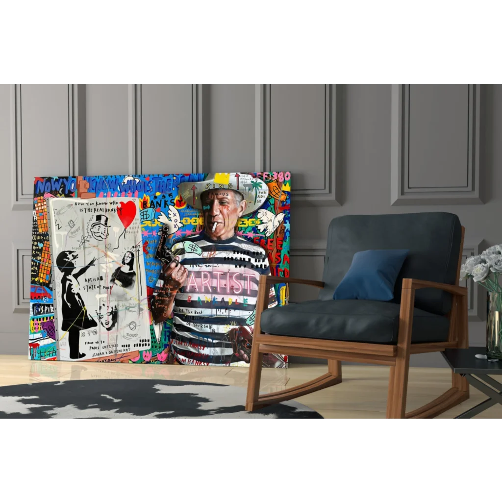 Vibrant graffiti man in striped shirt on urban street art wall print