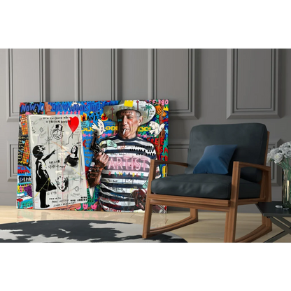 Vibrant graffiti man in striped shirt on urban street art wall print