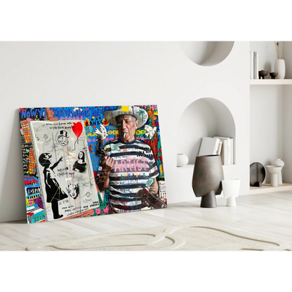 Vibrant urban graffiti wall art canvas print with striped figure and colorful street elements