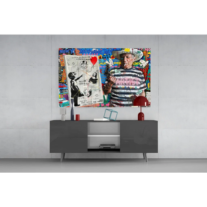 Vibrant graffiti man in striped shirt on urban street art wall canvas print