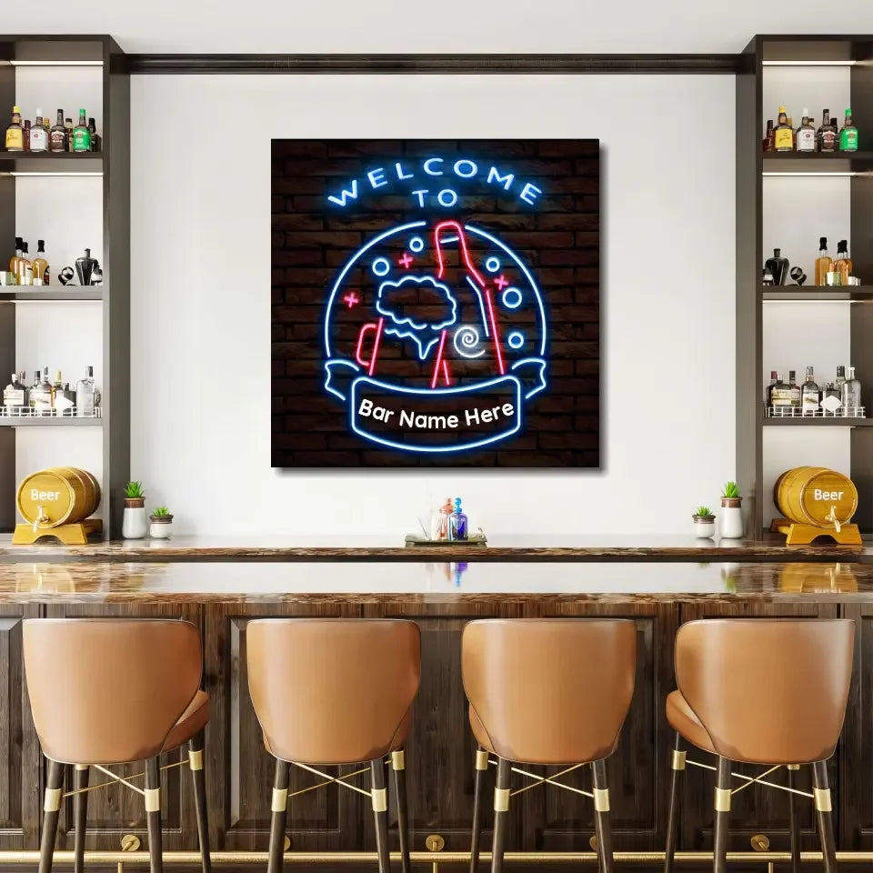 Glowing personalized bar sign with neon cocktail glass on brick
