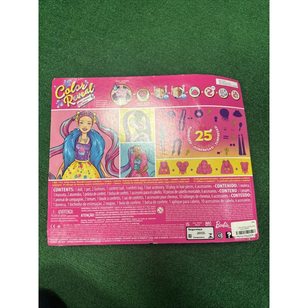 Barbie Color Reveal Glitter pink playset box with blue-haired doll
