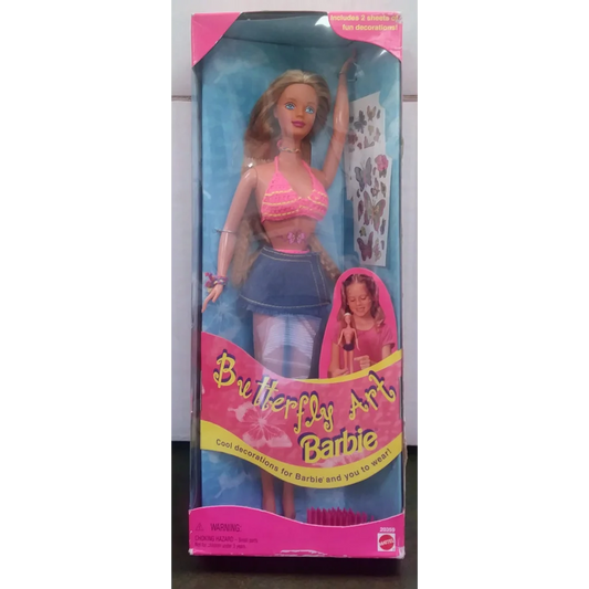 Vintage 1998 Butterfly Art Barbie in pink top, blue jeans, sealed box