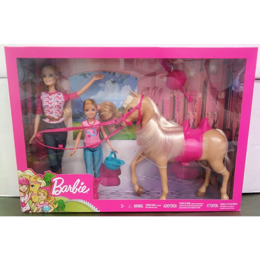 Barbie doll set with light brown horse, pink accents, gold saddle blanket