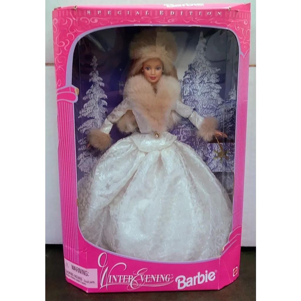 Vintage sealed 1998 Winter Evening Barbie in white gown with pink fur trim