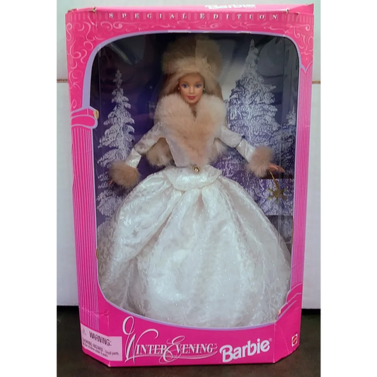 Vintage sealed 1998 Winter Evening Barbie in white gown with pink fur trim