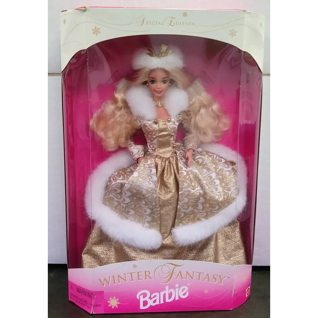 Rare 1995 Winter Fantasy Barbie in gold dress, fur trim, crown, sealed box