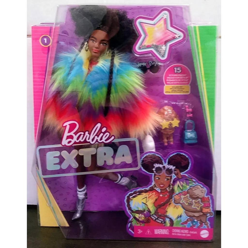 Barbie Extra doll in rainbow fur coat and black hair purple box