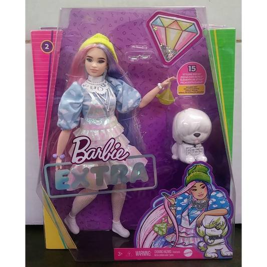 Barbie Extra Doll in shimmery blue outfit with pet dog
