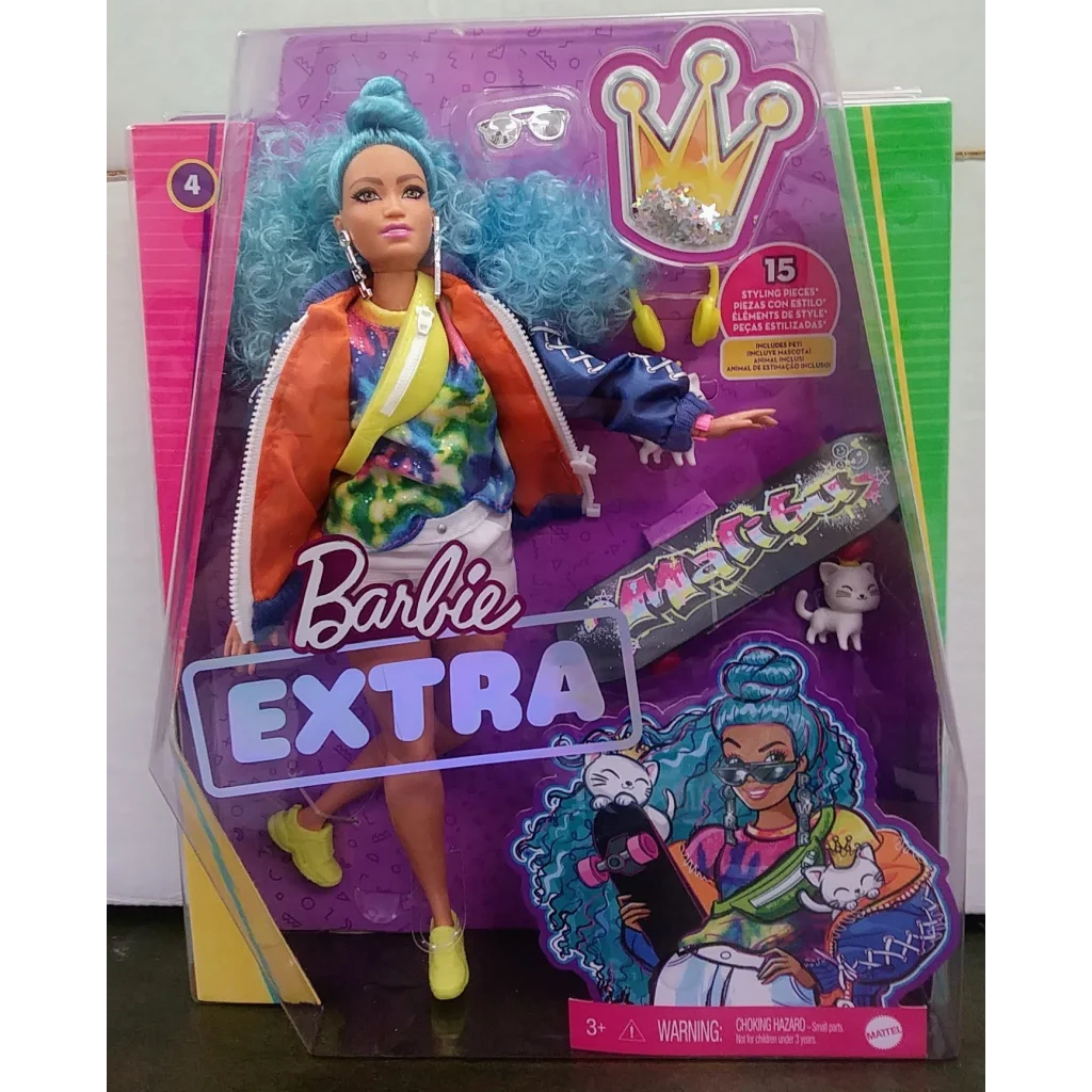 Vibrant Barbie Extra Doll with blue hair, colorful outfit and skateboard