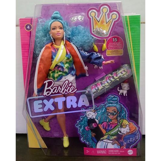 Vibrant Barbie Extra Doll with blue hair, colorful outfit and skateboard