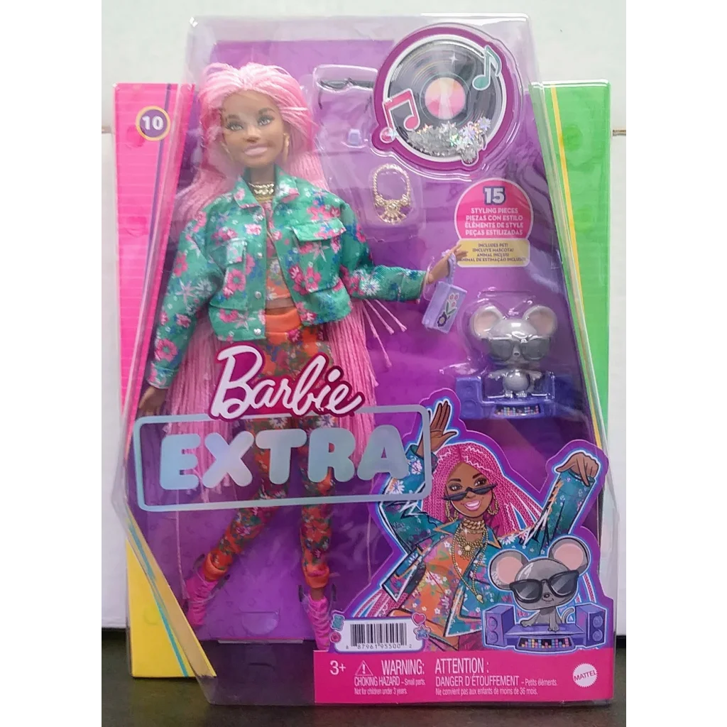 Barbie Extra doll with pink hair, floral jacket and pet mouse
