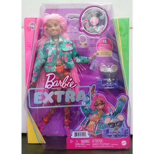 Barbie Extra doll with pink hair, floral jacket and pet mouse