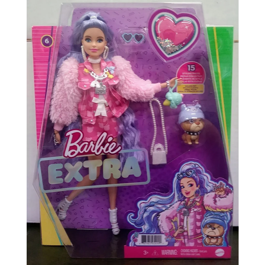 Barbie Extra Doll with purple hair, pink jacket, accessories, and puppy
