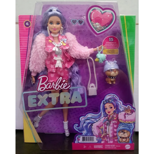 Barbie Extra Doll with purple hair, pink jacket, accessories, and puppy