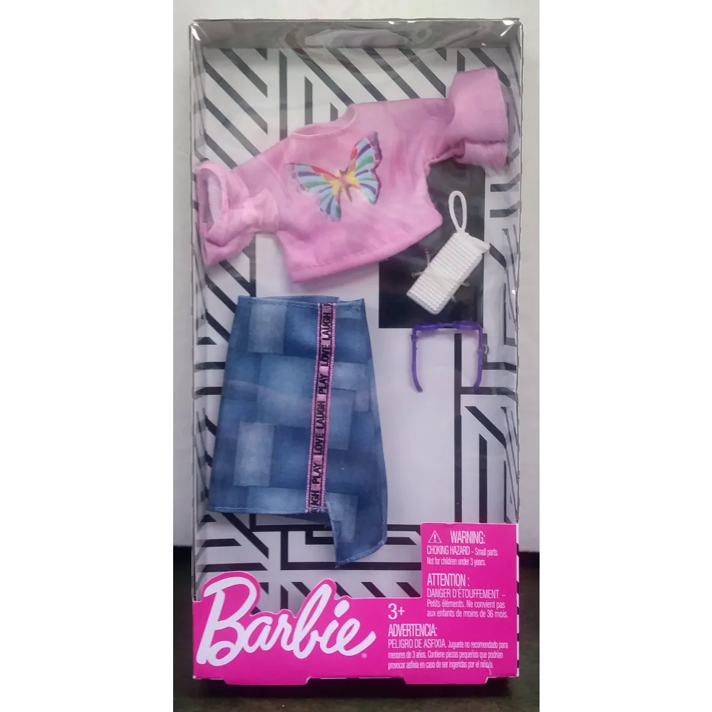 Barbie fashion set with pink butterfly top and blue denim skirt