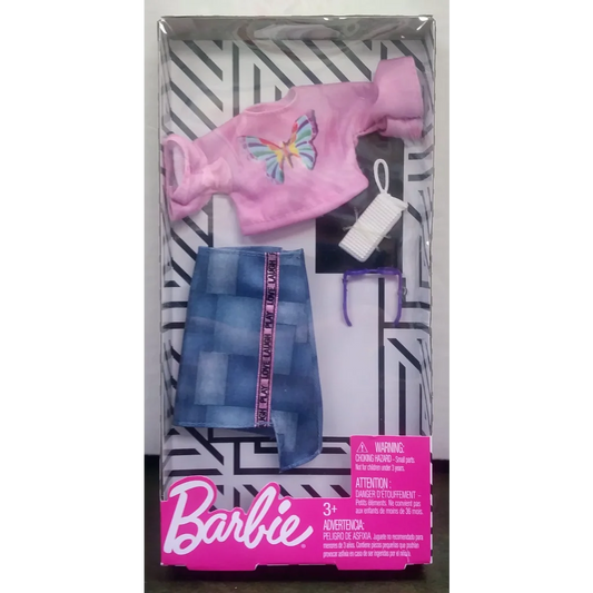 Barbie fashion set with pink butterfly top and blue denim skirt