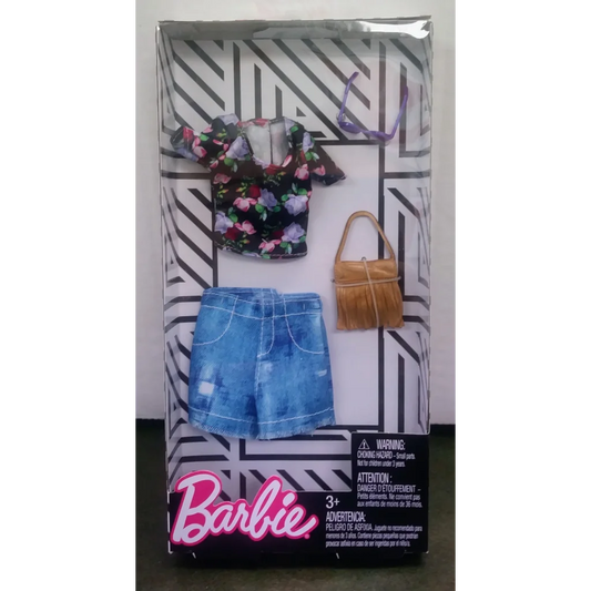 Barbie fashion set with floral top and denim skirt