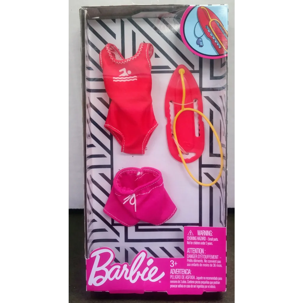 Barbie fashion set with red pink swimsuit, yellow goggles, flip flops